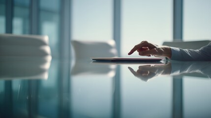 Person using a tablet computer at a conference table.