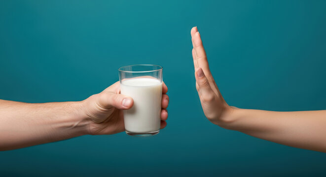 No milk. Female hand making stop gesture refusing glass of milk offered by male hand, Lactose Intolerance Awareness Month, World Milk Day, milk allergy, vegan lifestyle, healthy eating, rejection