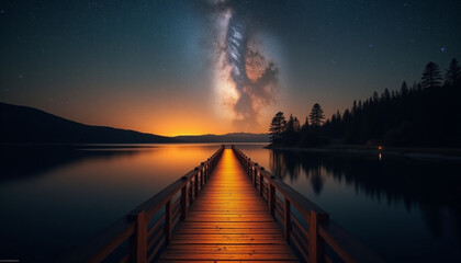  Well-lit wooden pier extending into a still lake, with distant mountains and a vivid Milky Way galaxy reflected in the water.