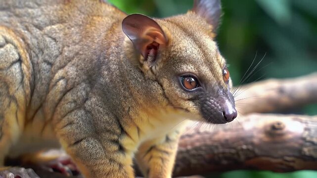 Close-up Portrait of a Curious Kinkajou in its Natural Jungle Habitat, an Exotic Nocturnal Mammal with Expressive Eyes on a Tree Branch