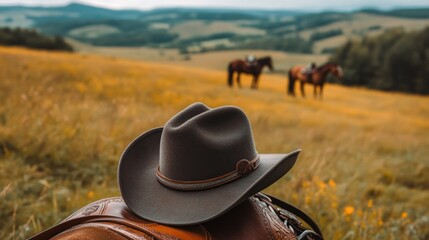 Cowboy hat rests on a saddle in a golden field, horses in the distance