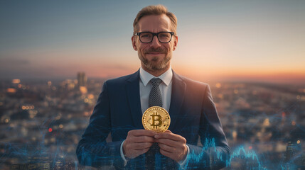 A businessman in a suit holding a Bitcoin coin with a city backdrop.