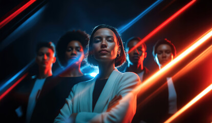 Female business leader with intense look surrounded by team and streaks of futuristic red and blue neon light