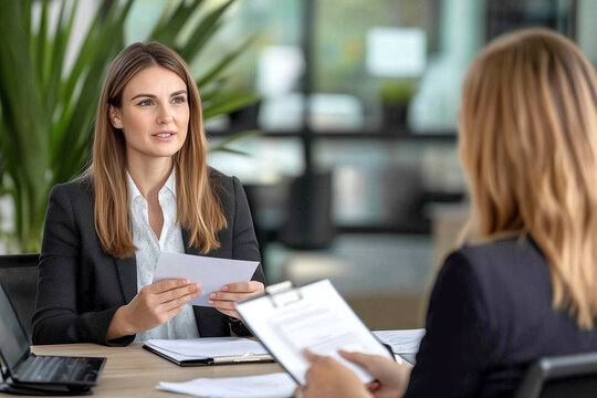 Professional job interview in modern office setting with diverse individuals