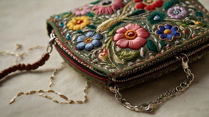 A close up shot of a green embroidered purse with colorful flowers and metal chain handles on a table