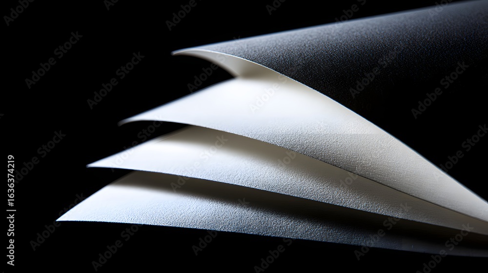 Poster layers of textured paper in a dynamic arrangement against a dark backdrop.