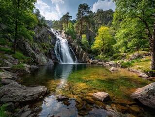 Obraz premium Majestic waterfall cascading into an emerald glade, vibrant rainbows in the misty spray