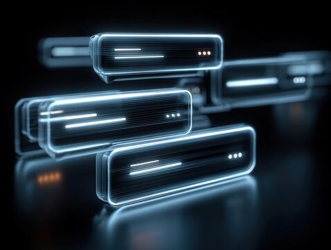 Low-angle view, modern chat interface, glowing text boxes, sleek black background