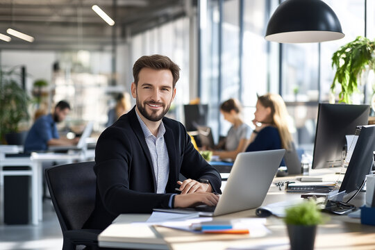 Businessman working on analytics data in a modern office environment - Powered by Adobe