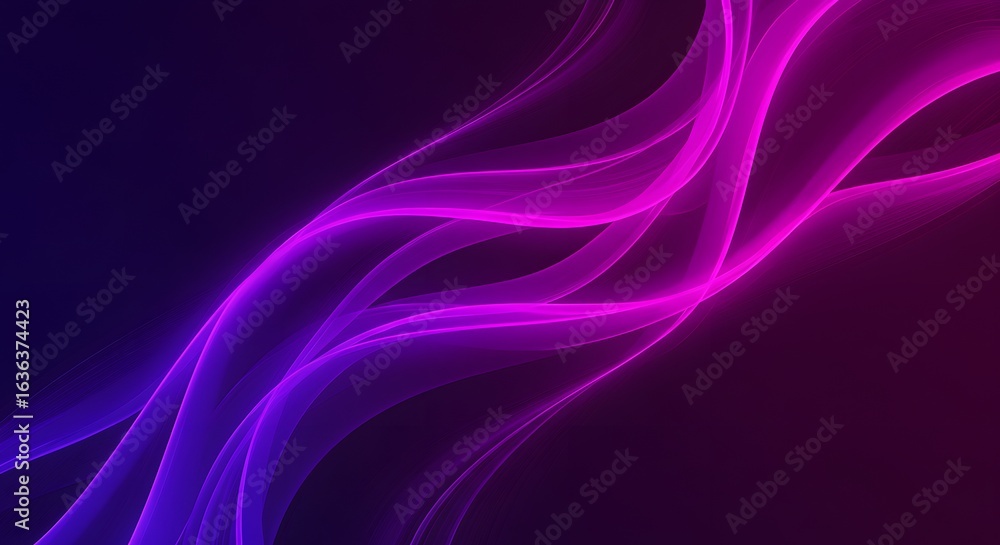 Poster abstract background with flowing waves of pink and purple light against a dark backdrop design eleme