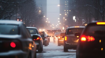 City street traffic jam in snowy weather
