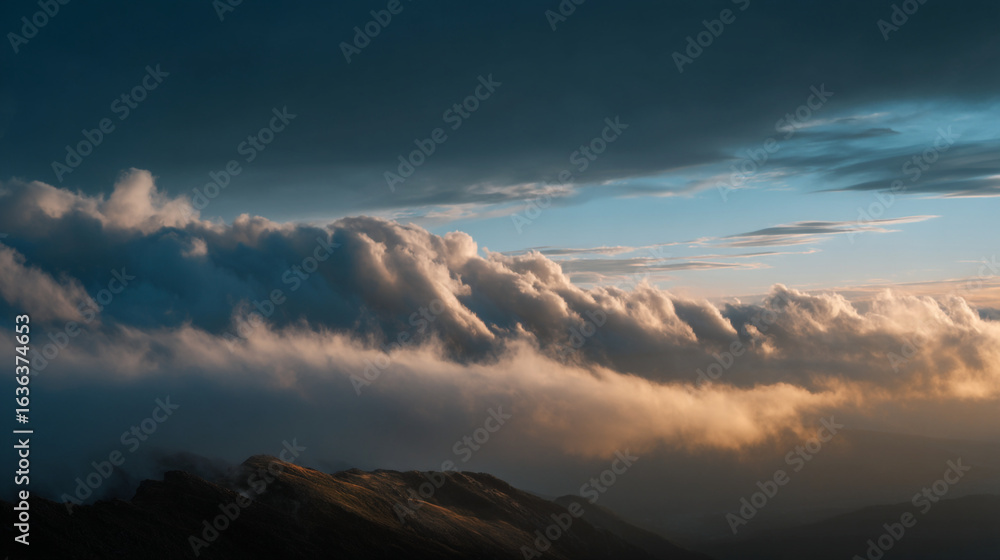 Poster a scenic view of a mountain range partially obscured by a dense layer of clouds
