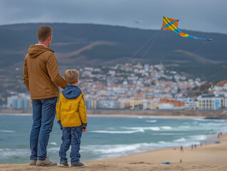 Father and son standing on sandy beach, watching colorful kite flying in the sky, with coastal town and ocean waves in the background, enjoying a joyful outdoor experience