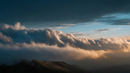 Obraz premium A scenic view of a mountain range partially obscured by a dense layer of clouds