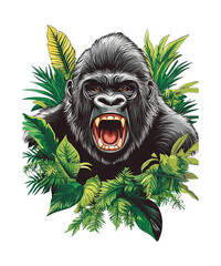View of a roaring gorilla's face combined with leaves