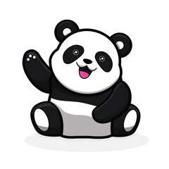 Fototapeta premium Cute Waving Panda: A cheerful and friendly cartoon panda character sitting and waving hello with a happy expression. An adorable graphic for children's designs, greetings, or animal themes.