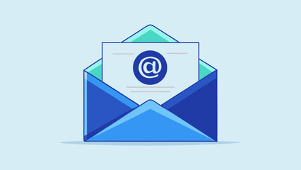Open blue envelope with at symbol on paper illustration