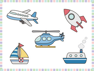 空と水上のかわいい乗り物のイラストセット