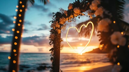 Romantic floral arch at sunset beach