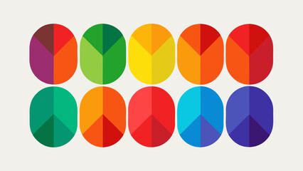 Colorful peace signs arranged in two rows on a light background