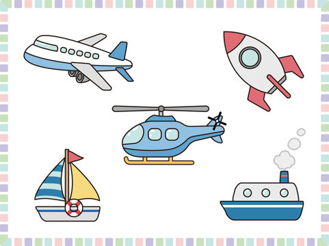 空と水上のかわいい乗り物のイラストセット