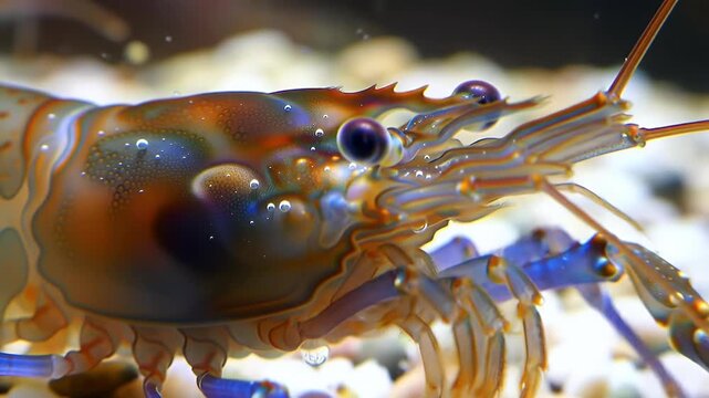 Vibrant Blue and Orange Freshwater Shrimp Close-Up in Aquarium, Detailed Macro Shot of a Colorful Aquatic Crustacean with Intricate Patterns