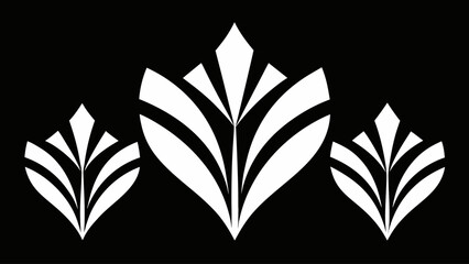 Three stylized white floral or feather motifs on a black background