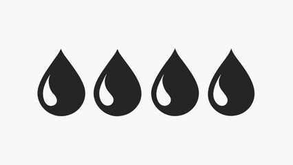 Four black water droplets in a row on a white background