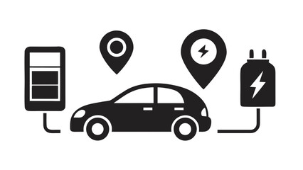 Electric car charging stations and navigation icons for sustainable transportation