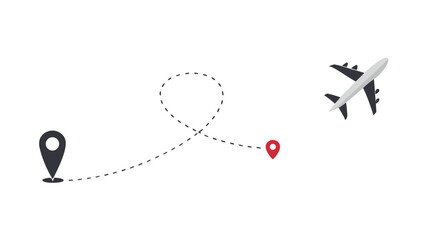 Airplane flying along a dotted route between two location pins