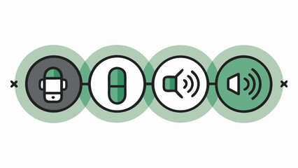 Modern icons representing technology health and sound in a connected sequence