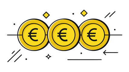 Three golden euro coins aligned on a line with abstract elements