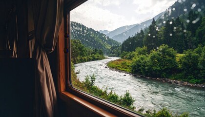 Obraz premium Mountain Valley River View From Train Window