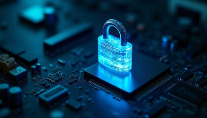 Futuristic Holographic Padlock Hovering Over Modern Computer Processor