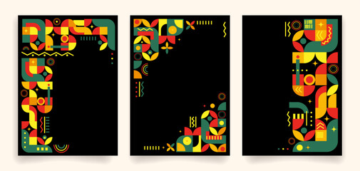 Set of African inspired poster covers template with modern geometric patterns on black for Black History Month, cultural event flyers, invitations, social media graphics. Vector illustration