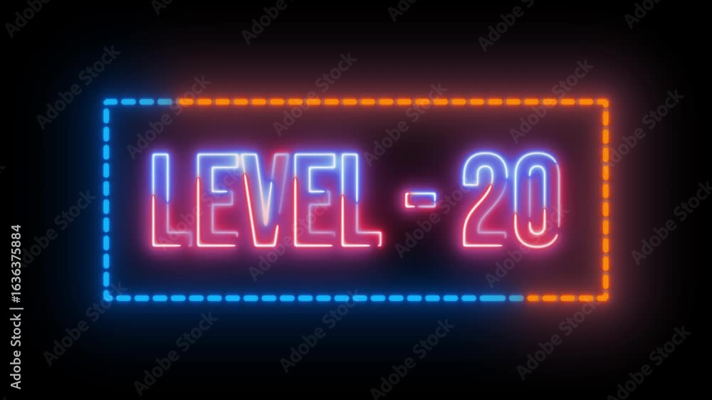 Poster neon multicolor level 20 text animation with dotted rectangle border on black background
