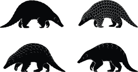 Pangolin silhouette collection, scaly mammal vector, endangered species illustration, wildlife conservation design, nature graphic, animal icon, black artwork, Adobe Stock asset