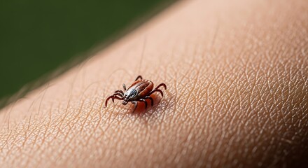 Close-up of a brown tick crawling on human skin, a common outdoor parasite.