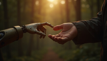 Touching Robotic Hand with Human Hand in Golden Sunlight Forest