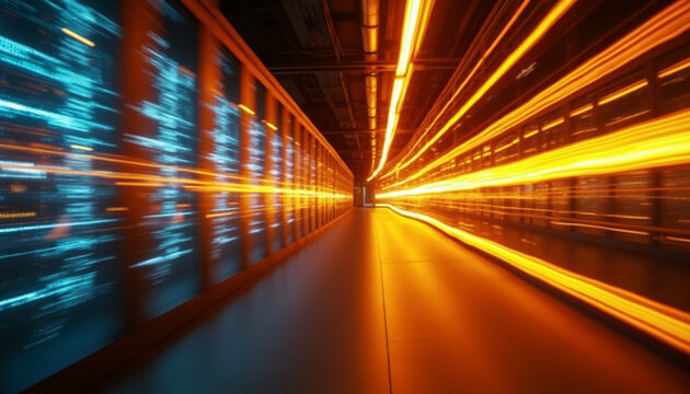 Dynamic Orange Data Streams Flowing Through a Dark Server Farm - Powered by Adobe