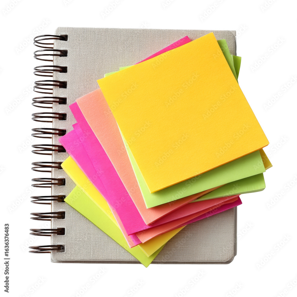 Poster colorful sticky notes stacked on spiral notebook, perfect for organization and reminders. vibrant hu