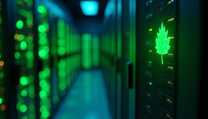 Bright Green Marijuana Leaf Symbol on Computer Server in Dark Room