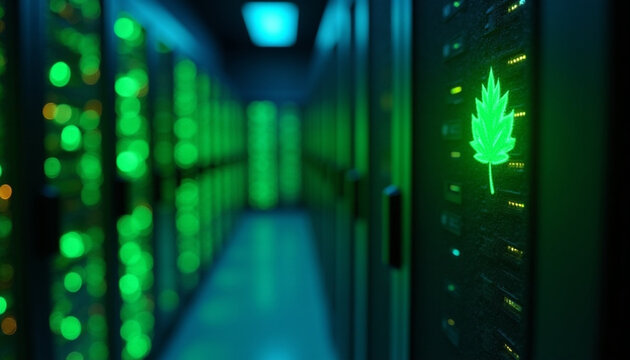Bright Green Marijuana Leaf Symbol on Computer Server in Dark Room