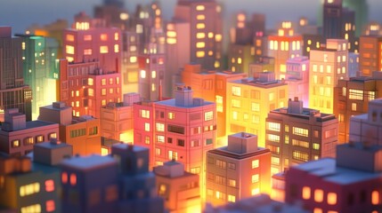 Night cityscape, stylized buildings in warm colors, lit windows