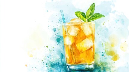 Watercolor illustration of a refreshing iced drink, likely a fruit-infused tea, with mint garnish, in a glass