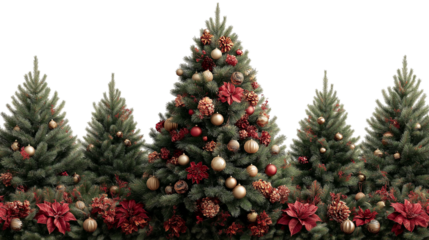 Green Christmas trees feature ornaments, red poinsettias, and bokeh. Festive background for branding, social media, or holiday posters.