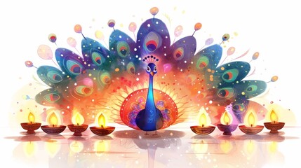 Fototapeta premium Peacock with Fan Display and Lit Oil Lamps Illustration Against White Backdrop
