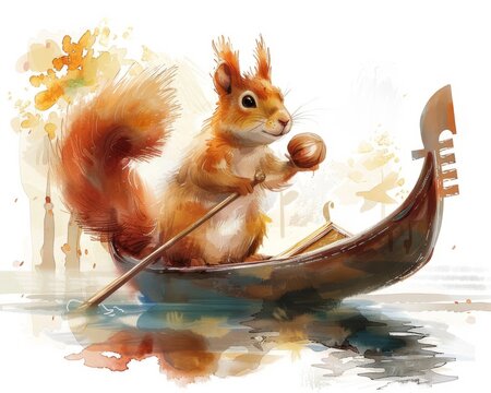  Squirrel paddling in wooden boat with nut in paw, reflection in water