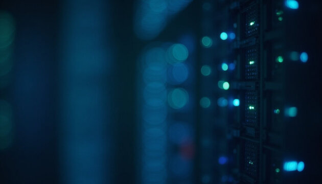 Abstract Soft Focus View of Server Racks with Blurry Blue and Green Lights