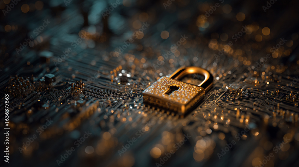 Poster a golden padlock resting on a complex circuit board with a blurred background